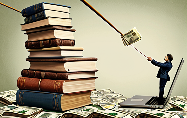 **Image Prompt:** A tightrope walker balancing between a stack of classic storybooks and a modern laptop, with Euro banknotes fluttering in the background. The scene should evoke a sense of delicate balance and the challenges of a storyteller in the digital age. Style: whimsical illustration.