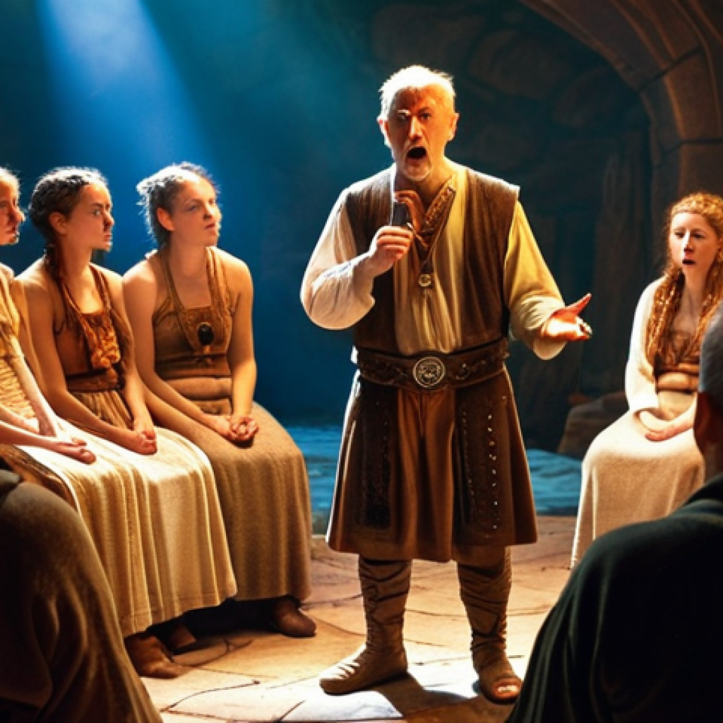 **

"A captivating storyteller surrounded by an attentive audience, bathed in warm light, gestures expressively while narrating a Celtic legend. The scene evokes a sense of magic and ancient lore, showcasing the power of oral storytelling. Focus on facial expressions and body language."

**
