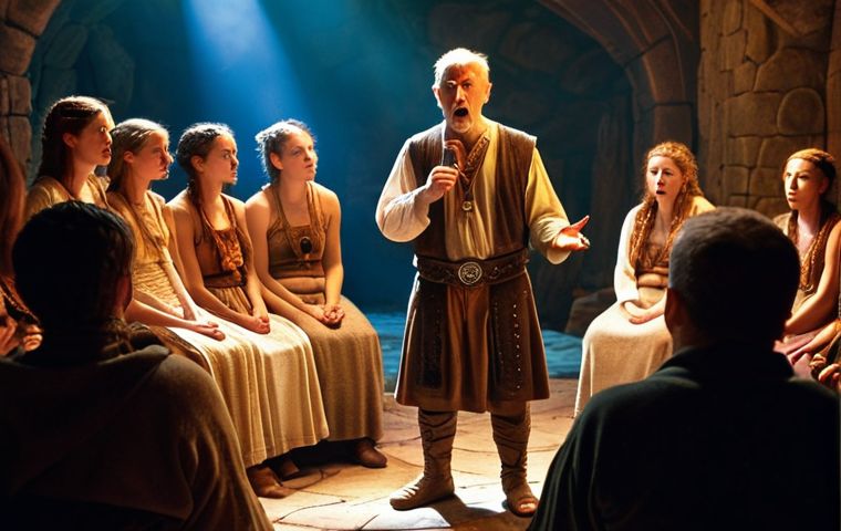 **
"A captivating storyteller surrounded by an attentive audience, bathed in warm light, gestures expressively while narrating a Celtic legend. The scene evokes a sense of magic and ancient lore, showcasing the power of oral storytelling. Focus on facial expressions and body language."
**
