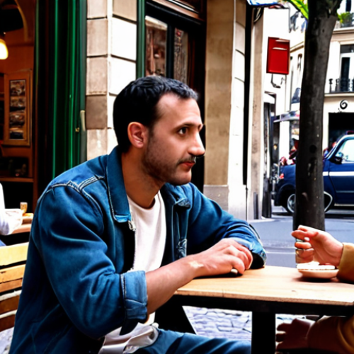 Home 25 ** A Parisian café scene. A person sits, observing people passing by. Focus on details like clothing, gestures, and interactions. Perhaps include a snippet of overheard conversation in the background.
**