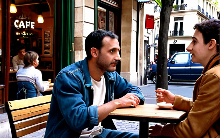** A Parisian café scene. A person sits, observing people passing by. Focus on details like clothing, gestures, and interactions. Perhaps include a snippet of overheard conversation in the background.
**