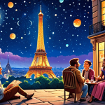 **

A vibrant, whimsical illustration depicting a storyteller with a unique, expressive style, captivating a diverse audience under the starry night sky in Paris.  Eiffel Tower in the background, emphasizing the Parisian setting. The scene should evoke a sense of wonder and originality.

**