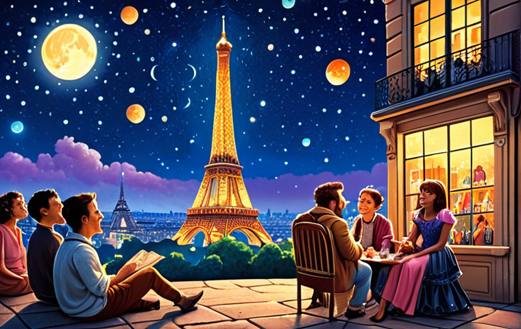 **
A vibrant, whimsical illustration depicting a storyteller with a unique, expressive style, captivating a diverse audience under the starry night sky in Paris. Eiffel Tower in the background, emphasizing the Parisian setting. The scene should evoke a sense of wonder and originality.
**