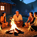 **

Prompt: A storyteller, illuminated by a flickering campfire, captivating a village audience with tales of ancient myths and legends.  Emphasis on the emotional connection between the storyteller and the listeners.  Warm color palette. Oral tradition.

**
