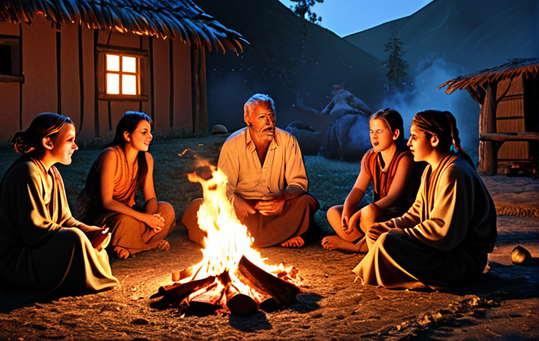 **
Prompt: A storyteller, illuminated by a flickering campfire, captivating a village audience with tales of ancient myths and legends. Emphasis on the emotional connection between the storyteller and the listeners. Warm color palette. Oral tradition.
**