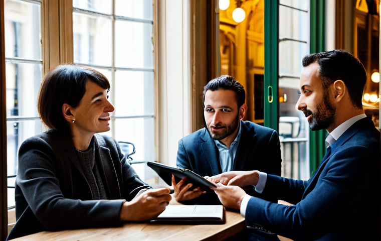 A diverse group of adults in a sophisticated Parisian cafe, fully clothed in modest professional-casual attire. One person is animatedly narrating a story with expressive gestures, while another looks attentively at a tablet displaying a vibrant digital interface. A third person is quietly reading from a classic book. The background features warm lighting, subtle Parisian architectural details through a window, and comfortable seating arrangements. Professional photography, high detail, cinematic lighting, safe for work, appropriate content, perfect anatomy, correct proportions, natural pose, well-formed hands, proper finger count, natural body proportions, modest, family-friendly.