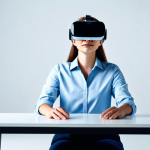 A professional creative storyteller, fully clothed in a stylish yet modest business casual outfit, sits at a sleek modern desk. They wear a minimalist VR headset, with subtle holographic interfaces floating around them, indicating generative AI elements and virtual environments. The background is a clean, well-lit digital studio with abstract light patterns reflecting innovative technology. The subject is in a natural pose, focused on the immersive experience, surrounded by an atmosphere of creative ideation. Perfect anatomy, correct proportions, well-formed hands, and natural body proportions are essential. High-quality professional photography, detailed, cinematic lighting, appropriate content, safe for work, family-friendly.
