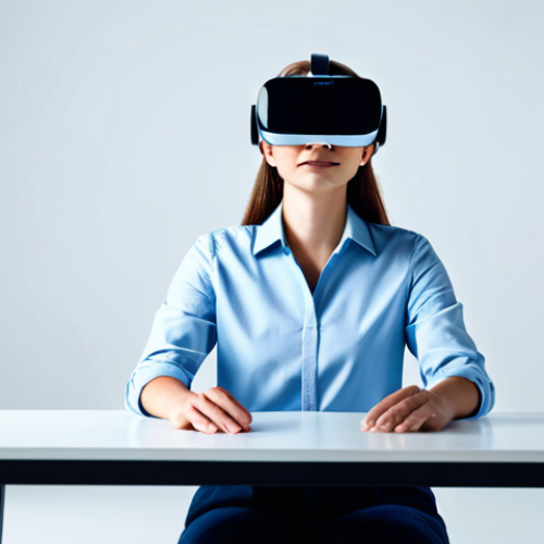 Home 28 A professional creative storyteller, fully clothed in a stylish yet modest business casual outfit, sits at a sleek modern desk. They wear a minimalist VR headset, with subtle holographic interfaces floating around them, indicating generative AI elements and virtual environments. The background is a clean, well-lit digital studio with abstract light patterns reflecting innovative technology. The subject is in a natural pose, focused on the immersive experience, surrounded by an atmosphere of creative ideation. Perfect anatomy, correct proportions, well-formed hands, and natural body proportions are essential. High-quality professional photography, detailed, cinematic lighting, appropriate content, safe for work, family-friendly.