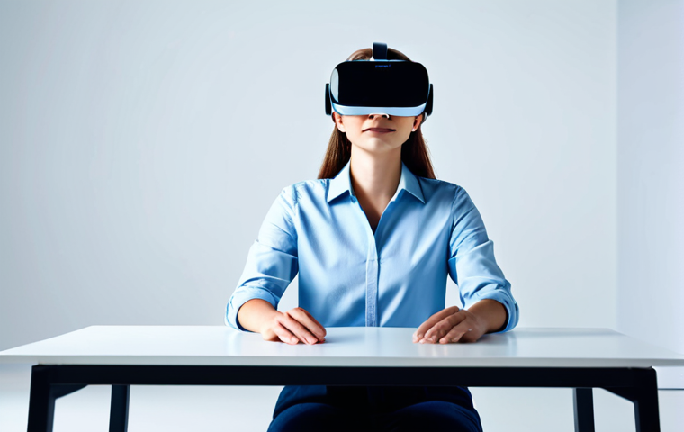 A professional creative storyteller, fully clothed in a stylish yet modest business casual outfit, sits at a sleek modern desk. They wear a minimalist VR headset, with subtle holographic interfaces floating around them, indicating generative AI elements and virtual environments. The background is a clean, well-lit digital studio with abstract light patterns reflecting innovative technology. The subject is in a natural pose, focused on the immersive experience, surrounded by an atmosphere of creative ideation. Perfect anatomy, correct proportions, well-formed hands, and natural body proportions are essential. High-quality professional photography, detailed, cinematic lighting, appropriate content, safe for work, family-friendly.