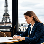 Storytelling for Self-Discovery**

A woman in her late 30s, professional attire (skirt suit, blouse), sitting at a café table in Paris. She is writing in a journal, a pensive expression on her face. The café is charming, with a view of the Eiffel Tower in the background. Fully clothed, appropriate content, safe for work, professional, perfect anatomy, natural proportions, high quality. The scene should evoke a sense of introspection and personal growth. Modest clothing.

**