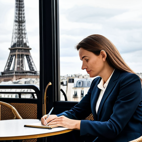 Home 26 Storytelling for Self-Discovery**
A woman in her late 30s, professional attire (skirt suit, blouse), sitting at a café table in Paris. She is writing in a journal, a pensive expression on her face. The café is charming, with a view of the Eiffel Tower in the background. Fully clothed, appropriate content, safe for work, professional, perfect anatomy, natural proportions, high quality. The scene should evoke a sense of introspection and personal growth. Modest clothing.
**