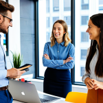 **Image Prompt:** A marketing team brainstorming storytelling strategies in a modern office, focusing on brand values and customer engagement. They are fully clothed in business casual attire, safe for work, appropriate content, professional setting, perfect anatomy, natural proportions, vibrant colors, high resolution, modest attire.