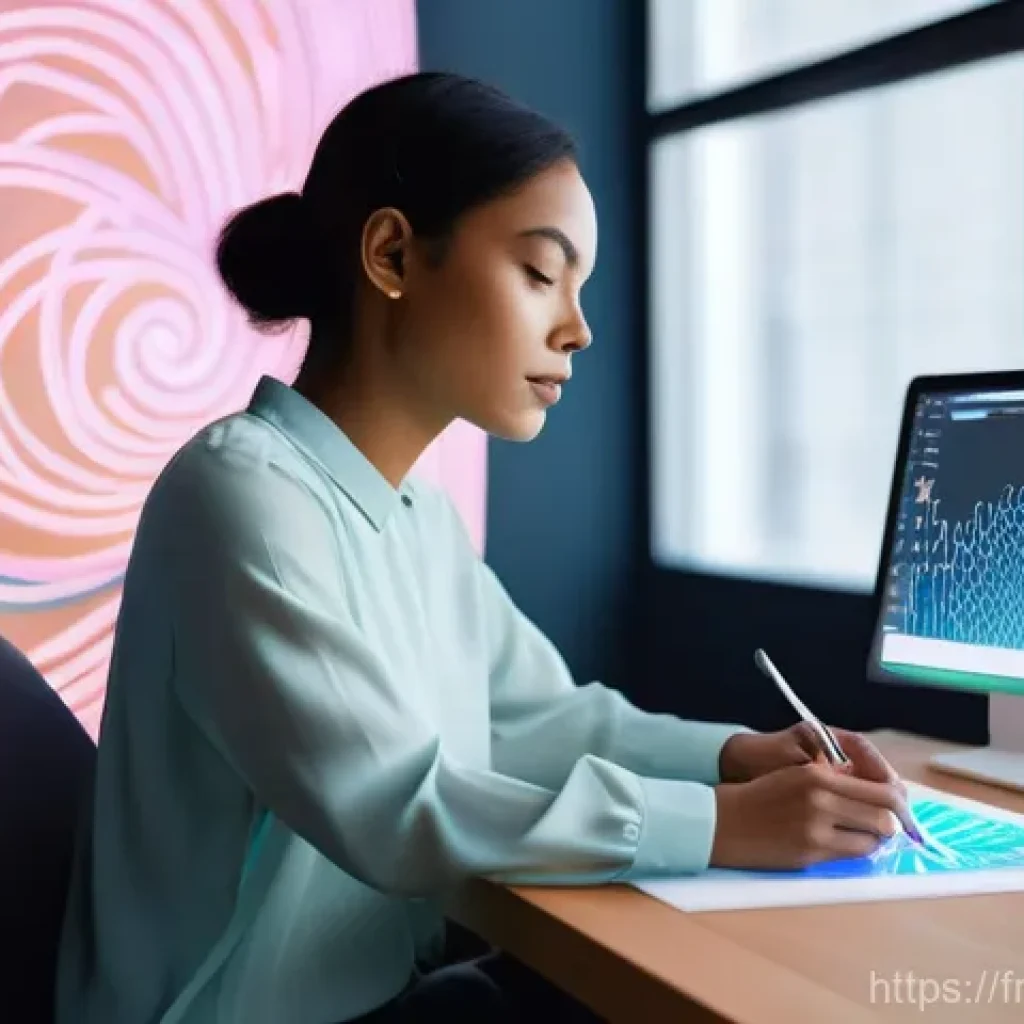 스토리텔러 관련 신규 법규 및 정책 - **Prompt:** A diverse female digital artist, in her late 20s, with a focused expression, sits at a s...