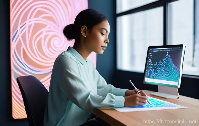 스토리텔러 관련 신규 법규 및 정책 - **Prompt:** A diverse female digital artist, in her late 20s, with a focused expression, sits at a s...