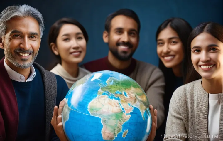 스토리텔러 직업의 글로벌 진출 전략 - **Prompt:** "A diverse group of people from various continents and age groups, all respectfully and ...