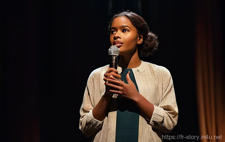 스토리텔러 자격증과 관련된 준비 과정과 성공 전략 분석과 연구 - **Prompt:** A professional female storyteller, with a warm and expressive face, standing on a softly...