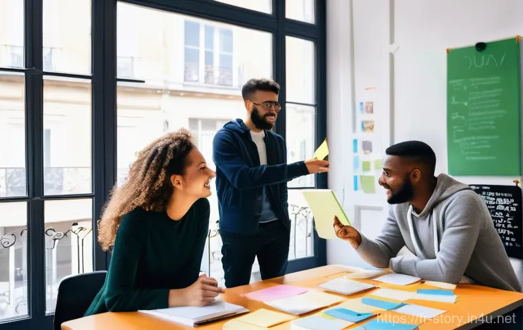 스토리텔러 실무에서의 창의적 문제 해결 사례와 전략 분석과 연구 - **"A vibrant and bustling co-working space in a historic Parisian building, filled with natural ligh...