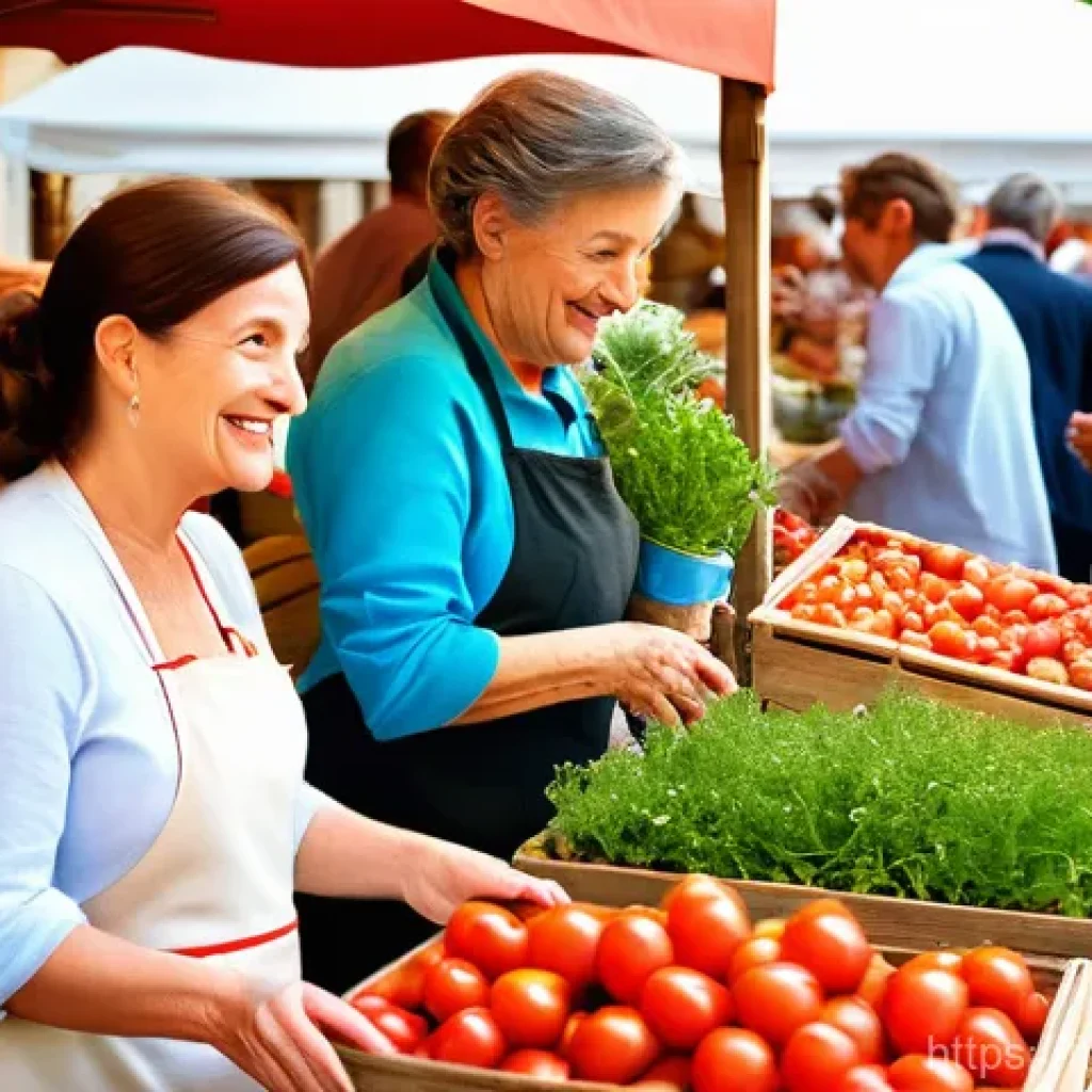 스토리텔러 관련 이론과 실제의 연결 - **Prompt:** A vibrant and bustling Provençal market scene under warm, golden sunlight. Diverse peopl...