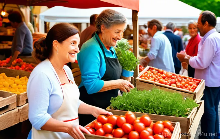 스토리텔러 관련 이론과 실제의 연결 - **Prompt:** A vibrant and bustling Provençal market scene under warm, golden sunlight. Diverse peopl...