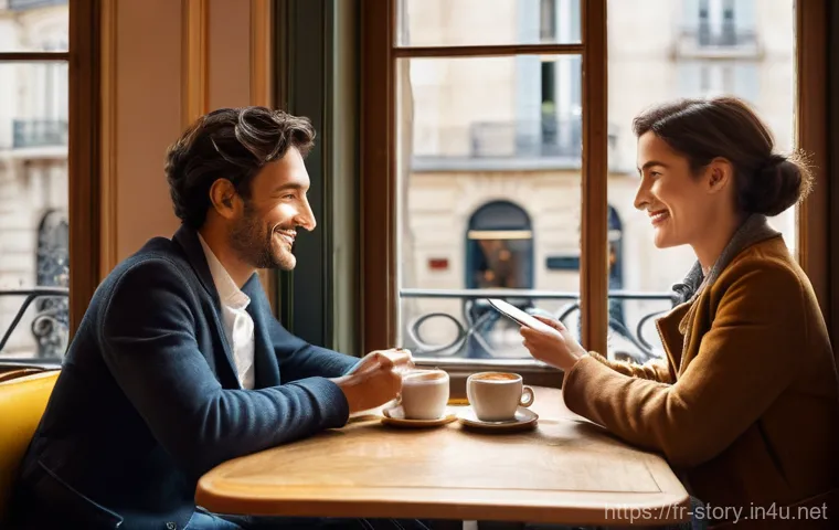 스토리텔러가 중요하게 생각해야 할 고객 니즈 - **Prompt:** A cozy, sunlit Parisian café scene. Two adults, one woman and one man, both in their lat...