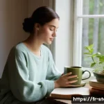 스토리텔러의 워라밸 유지 방법 - **Prompt:** A serene, cozy indoor scene. A young woman, dressed in comfortable, modest loungewear, s...