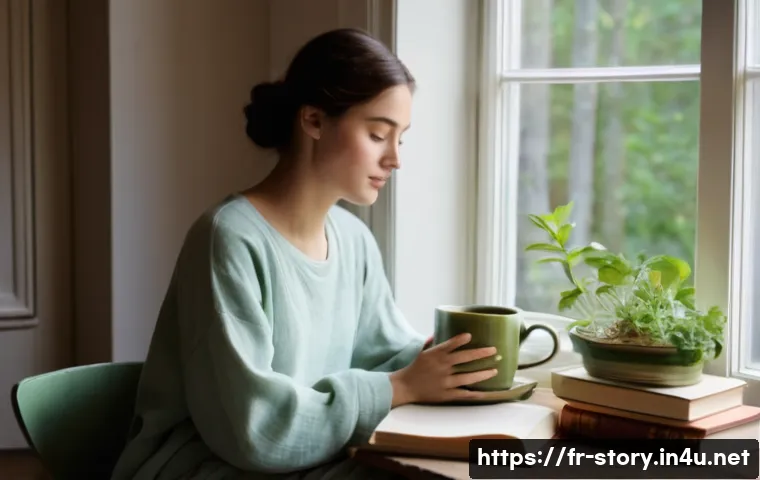 스토리텔러의 워라밸 유지 방법 - **Prompt:** A serene, cozy indoor scene. A young woman, dressed in comfortable, modest loungewear, s...