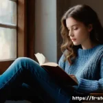 스토리텔러가 피해야 할 실수들 - A thoughtful young woman, aged around 20-25, sits by a large window in a cozy, slightly bohemian apa...