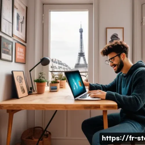 스토리텔러의 네트워크 활용 사례 - A vibrant social media content creator workspace in Paris, featuring a young French storyteller sitt...