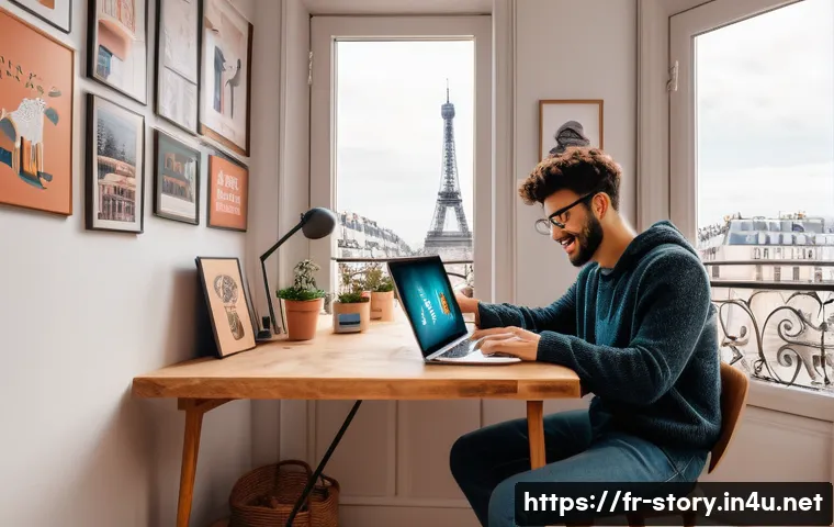 스토리텔러의 네트워크 활용 사례 - A vibrant social media content creator workspace in Paris, featuring a young French storyteller sitt...