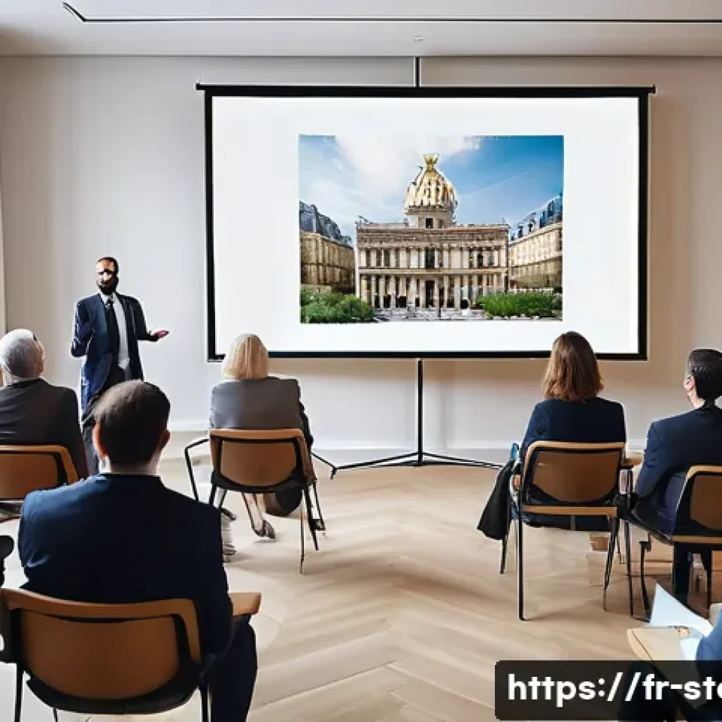 스토리텔러 직무 교육 과정 비교 - A professional corporate training room scene set in Paris, France, with a diverse group of adult Fre...