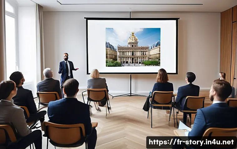 스토리텔러 직무 교육 과정 비교 - A professional corporate training room scene set in Paris, France, with a diverse group of adult Fre...