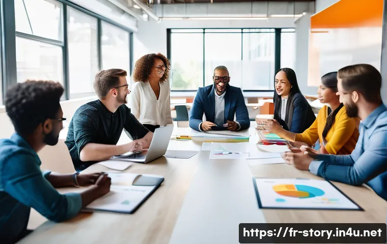스토리텔러와 팀워크의 중요성 - A diverse team of professionals gathered around a modern conference table in a bright, open office s...