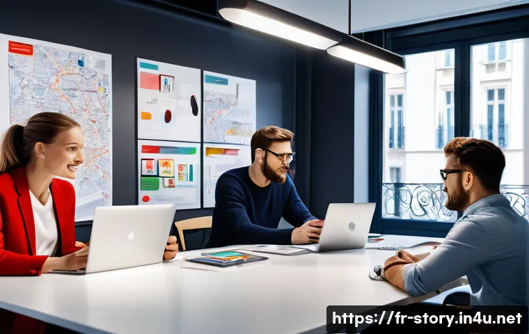 스토리텔러 직무에서의 스토리 제작 능력 향상 방법과 사례 분석 - A modern marketing team brainstorming session in a bright, contemporary Parisian office, with divers...