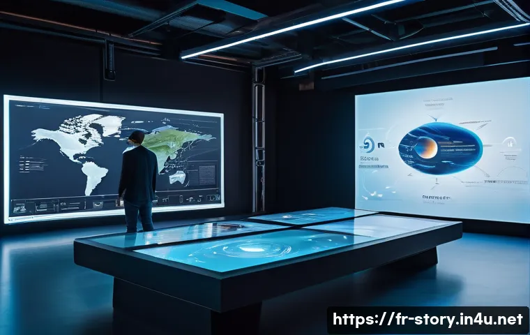 스토리텔러 관련 직업과 디지털 기술의 접목 사례 - A futuristic digital storyteller workspace featuring multiple transparent holographic screens displa...