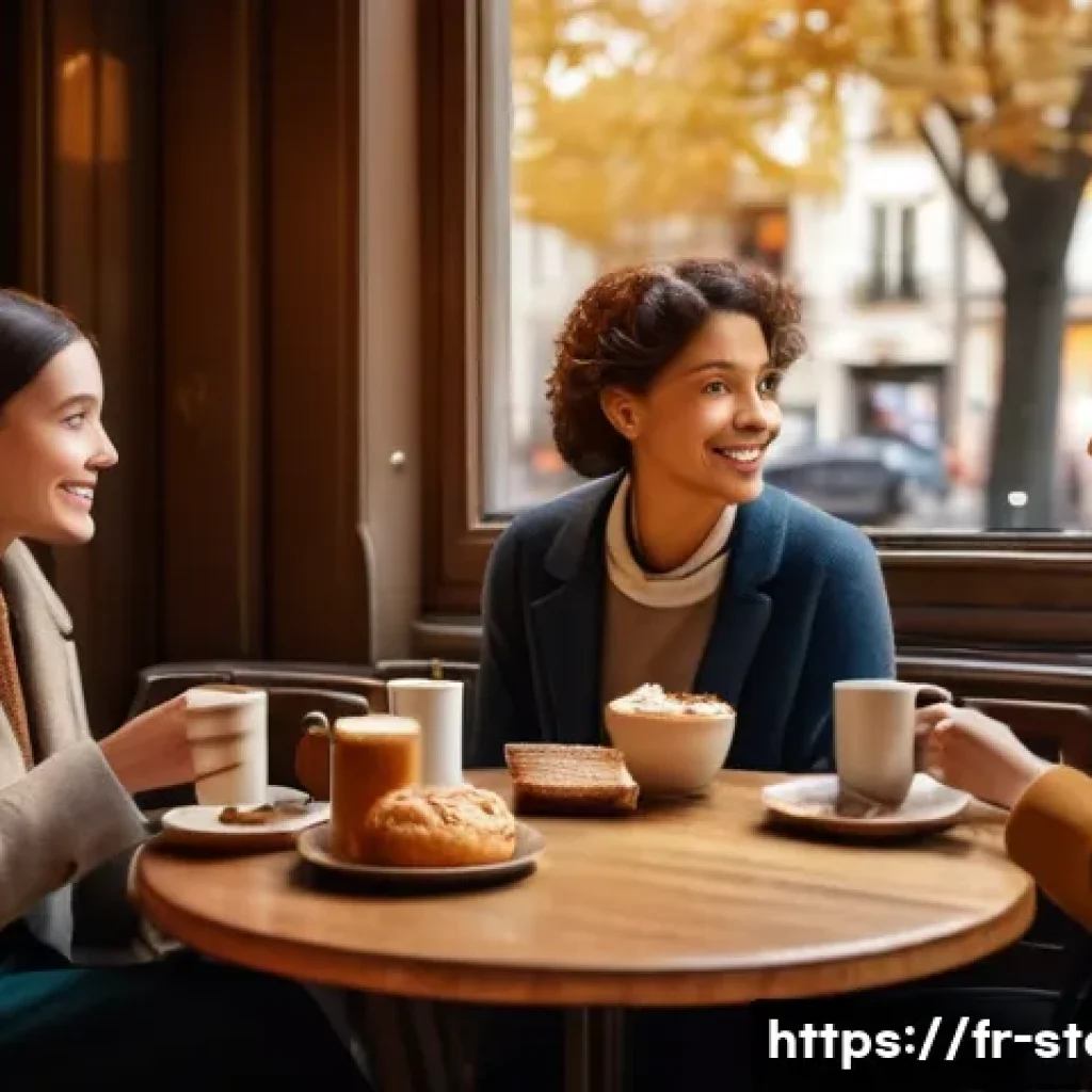 스토리텔러가 만드는 최고의 이야기 - A warm, inviting storytelling scene set in a cozy Parisian café during autumn, featuring a diverse g...