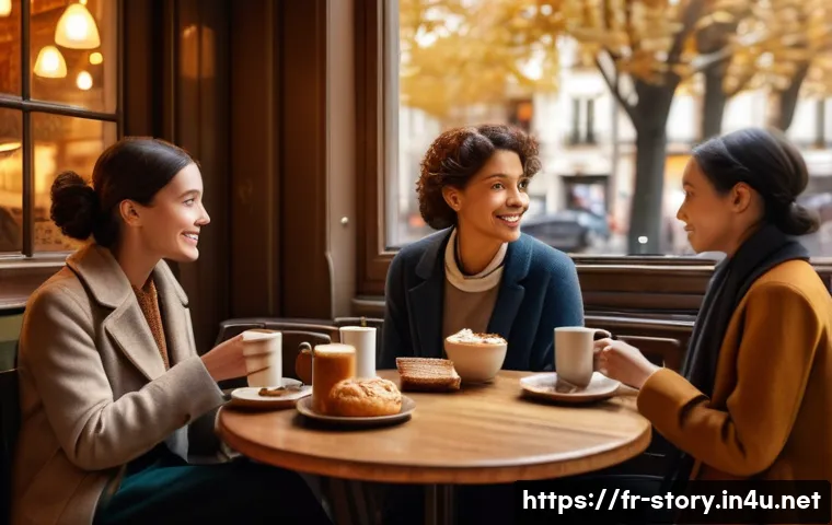 스토리텔러가 만드는 최고의 이야기 - A warm, inviting storytelling scene set in a cozy Parisian caf&eacute; during autumn, featuring a diverse g...