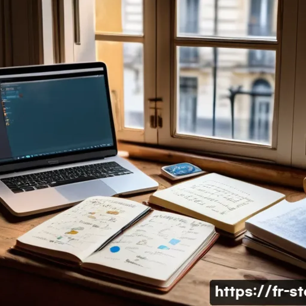 스토리텔러가 활용하는 베스트 툴 목록 - A cozy writer&rsquo;s workspace with a vintage wooden desk cluttered with colorful mind-mapping notes, ope...