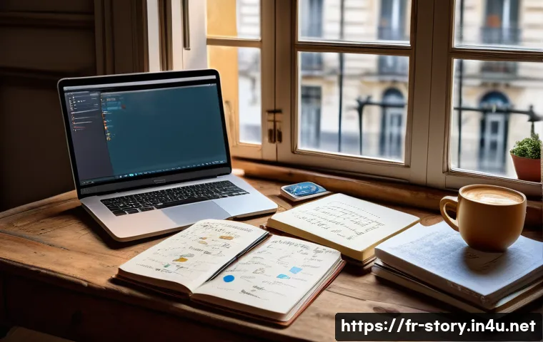 스토리텔러가 활용하는 베스트 툴 목록 - A cozy writer&rsquo;s workspace with a vintage wooden desk cluttered with colorful mind-mapping notes, ope...