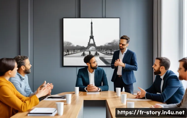 스토리텔러 실무에서 발생할 수 있는 문제 - A professional storytelling workshop scene set in a modern Parisian conference room, diverse adult p...