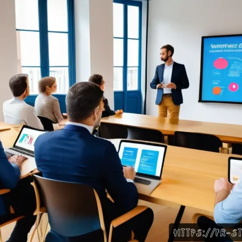 스토리텔러 전문 자문가 인터뷰 - A professional French marketing workshop scene showing a diverse group of adults attentively listeni...