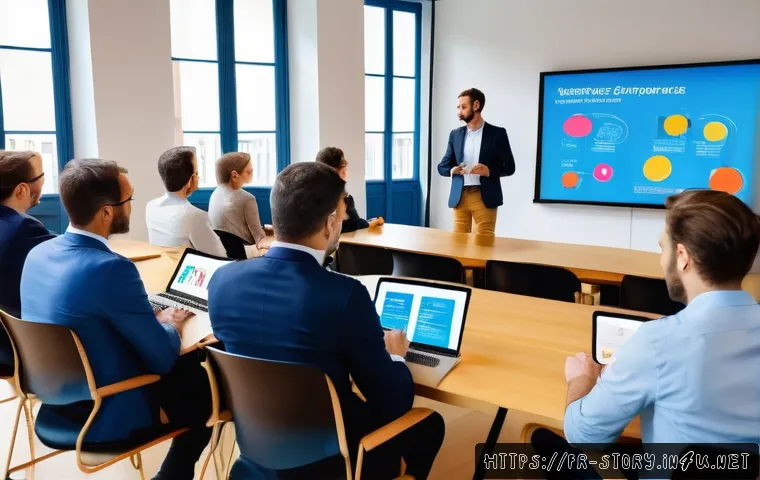 스토리텔러 전문 자문가 인터뷰 - A professional French marketing workshop scene showing a diverse group of adults attentively listeni...