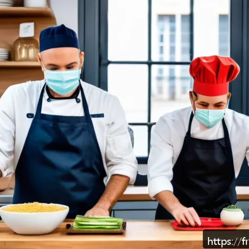 스토리텔러의 창의적 문제 해결 사례 - A modern French bistro kitchen scene during a crisis, featuring a diverse team of chefs creatively p...