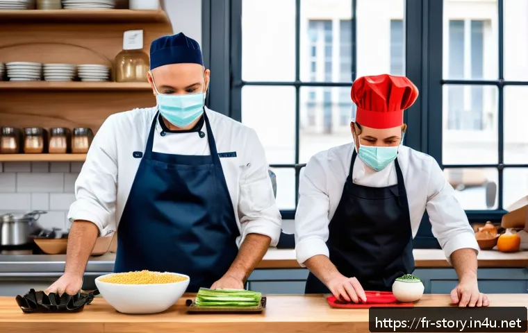 스토리텔러의 창의적 문제 해결 사례 - A modern French bistro kitchen scene during a crisis, featuring a diverse team of chefs creatively p...