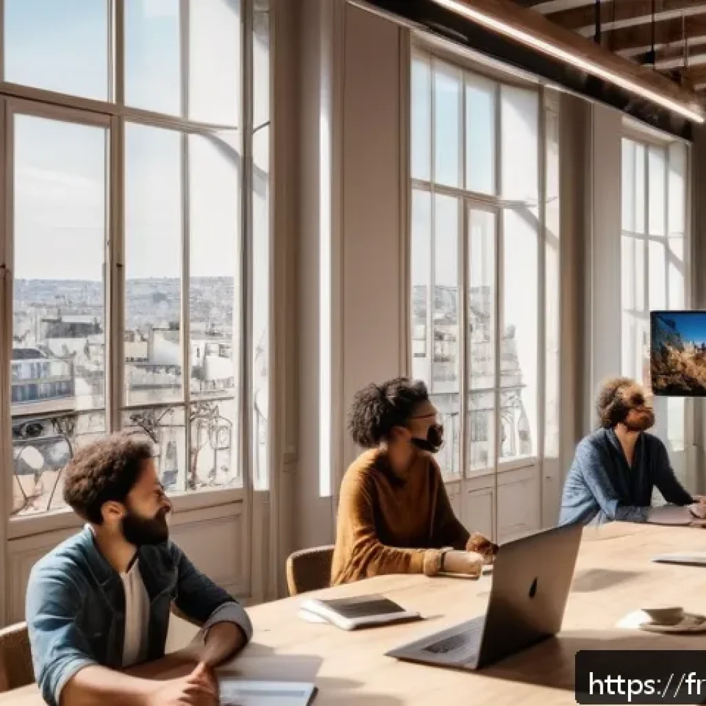 스토리텔러 실무에서의 창의적 문제 해결 사례와 전략 - A diverse group of French urban storytellers collaborating in a modern creative workspace filled wit...