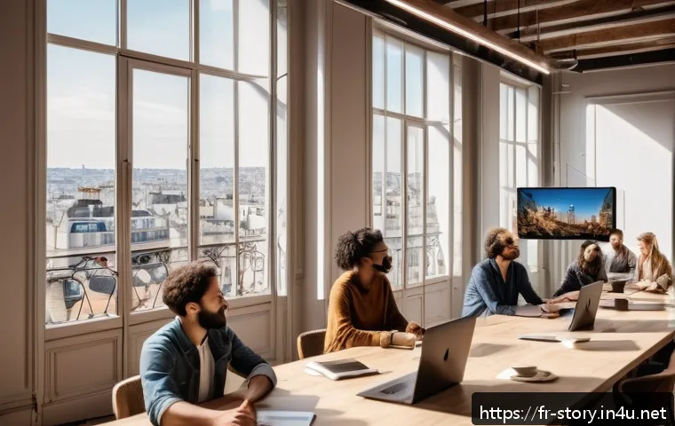 스토리텔러 실무에서의 창의적 문제 해결 사례와 전략 - A diverse group of French urban storytellers collaborating in a modern creative workspace filled wit...