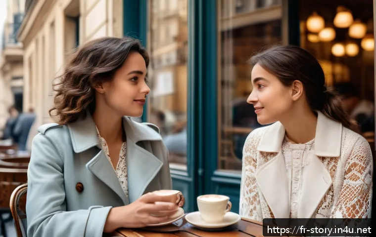 스토리텔러가 배우는 창의적 글쓰기 - A cozy Parisian caf&eacute; scene capturing a subtle emotional exchange between two characters seated by a ...