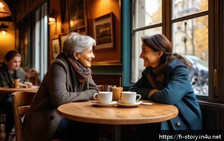 스토리텔러 직무에서의 스토리 제작 능력 향상 방법과 사례 분석과 전략 - A warm, cozy caf&eacute; scene in Paris during autumn, with soft golden light filtering through large windo...