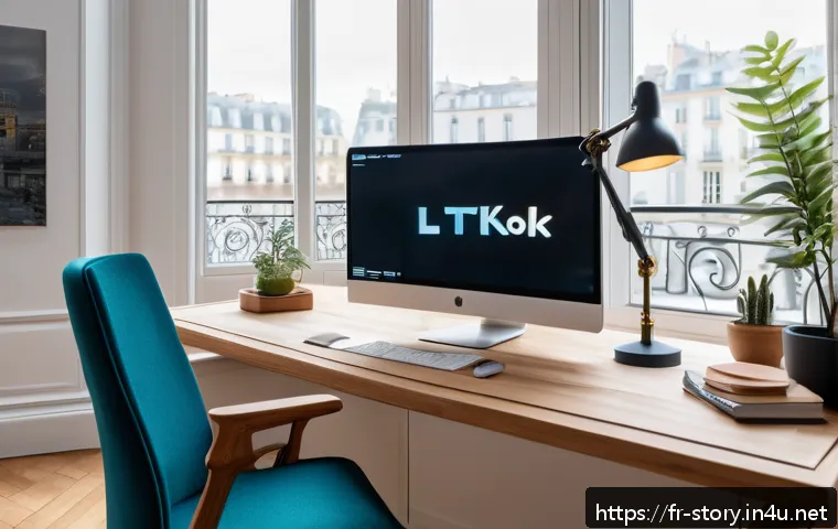 스토리텔러의 커리어 업그레이드 비법 - A sophisticated digital marketing workspace featuring a French professional in their 30s, analyzing ...