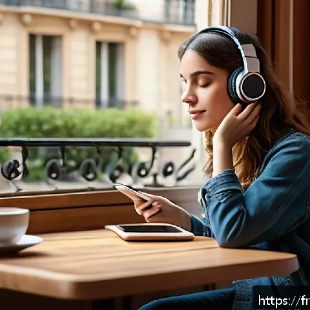스토리텔러가 만드는 혁신적인 이야기 - A cozy Parisian caf&eacute; scene featuring a young adult woman wearing casual chic clothing, sitting at a ...