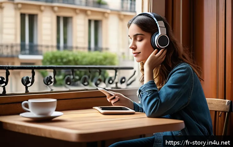 스토리텔러가 만드는 혁신적인 이야기 - A cozy Parisian café scene featuring a young adult woman wearing casual chic clothing, sitting at a ...